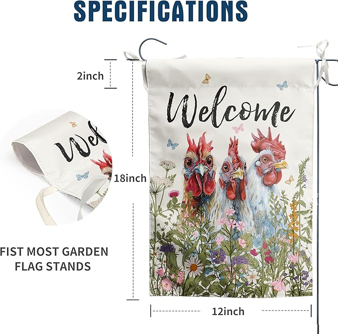 Floral Chicken Garden Flag Spring Summer Yard Flag Flower Rooster Farmhouse Garden Flags for Outside Small Outdoor Welcome Flags 12x18 Double Sided Chicken Coop Decor