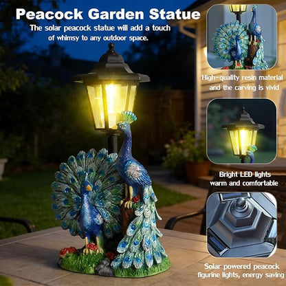 VEEKI Peacock Garden Statue Outdoor, Solar Peacock Figurine Outdoor Waterproof with Lantern, Resin Peacock Decor for Garden Patio Yard Lawn Ornament, Housewarming Birthday Gifts for Women Mom Grandma