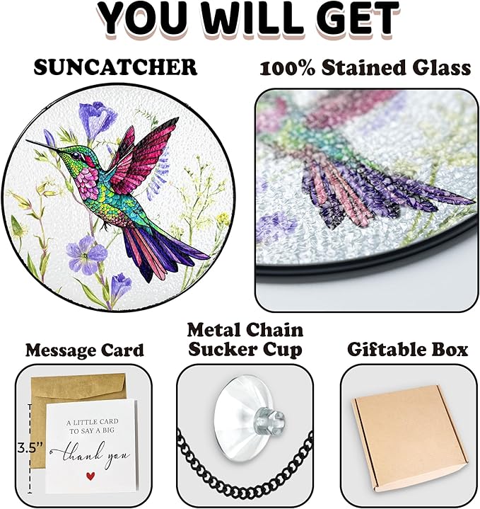 7.8" Hummingbird Stained Glass Suncatcher, Bird Suncatcher for Window Hanging, Art Decor for Home Garden Housewarming, Gift for Mom, Grandma, Women, Friend, Bird Lover BIRD-19B-SG8