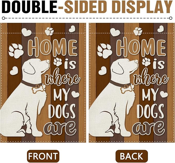 Dyrenson Home is Where My Dogs are 28 x 40 House Flag Double Sided, Pet Paw Print Garden Yard Decoration Dog Owner Lover Gifts, Farmhouse Rustic Burlap Outdoor Decor Decorative Large Flag