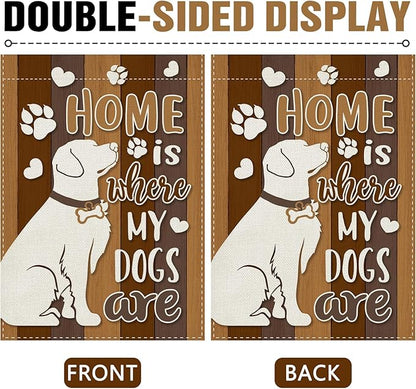 Dyrenson Home is Where My Dogs are 28 x 40 House Flag Double Sided, Pet Paw Print Garden Yard Decoration Dog Owner Lover Gifts, Farmhouse Rustic Burlap Outdoor Decor Decorative Large Flag