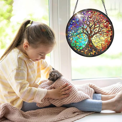 7.8 Inch Stained Glass Window Hanging Tree of Life Sun Catcher Indoor Window Door Wall Yard Garden Home Decor Colorful Glass Panel Suncatcher Gifts for Women Men Mom Grandma