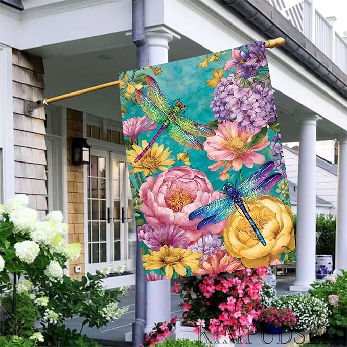 Spring Dragonfly House Flag Burlap 28x40 Inch Double Sided for Outside, Large Yard Flag for Seasonal Outdoor Decoration