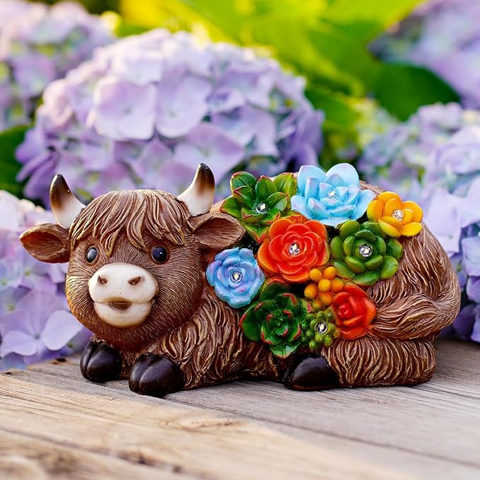 Highland Cow Garden Statues with Succulent: Outdoor Decor with Lights for Patio Balcony Yard Ornament - Unique Gifts for Mom Grandman Woman(Brown)