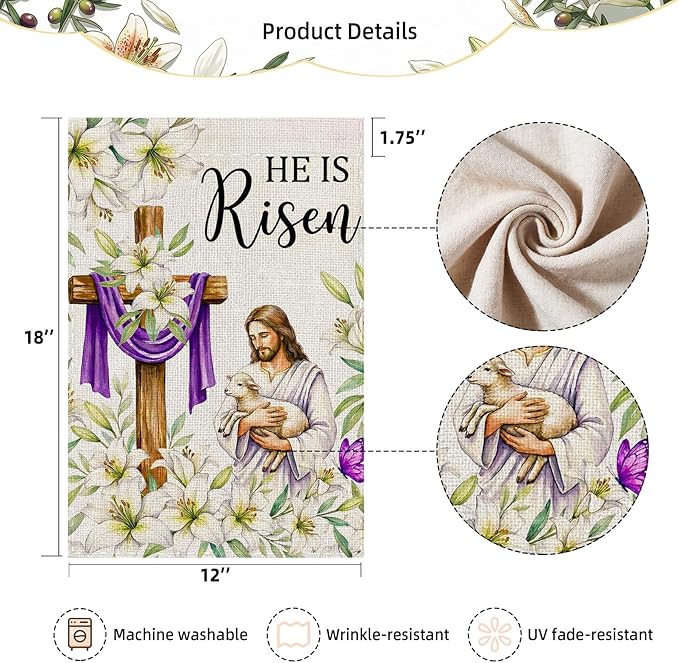 He Is Risen Easter Garden Flag 12x18 Inch Double Sided Outside flag, Jesus, Lamb, Cross, Bouquet of Lilies Yard Outdoor Easter Holiday Decoration