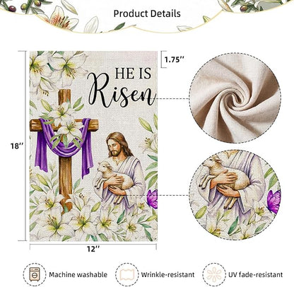 He Is Risen Easter Garden Flag 12x18 Inch Double Sided Outside flag, Jesus, Lamb, Cross, Bouquet of Lilies Yard Outdoor Easter Holiday Decoration