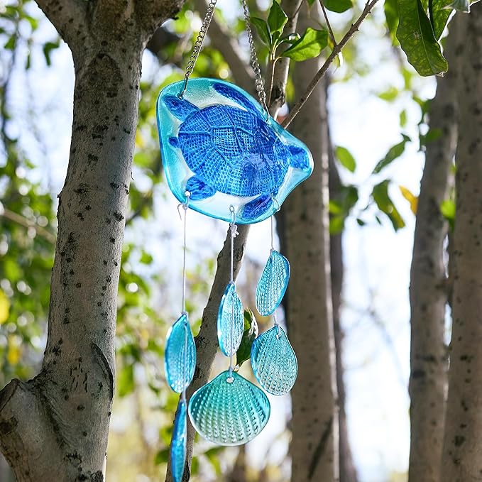 H&D HYALINE & DORA 20 Inch Glass Sea Turtle Wind Chimes Blown Glass Seashell Wind Chimes for Outside Handmade Wind Chime Decorative for Living Room, Bedroom, Beach House