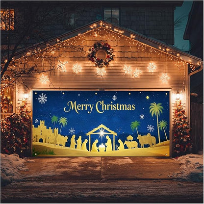 HOMETITUTE Christmas Garage Door Banner 13x6ft Gold Nativity Scene with Baby and Figures Blue Night Sky Green Palm Trees Gold Castle Holiday Outdoor Yard Decor Seasonal Party Backdrop