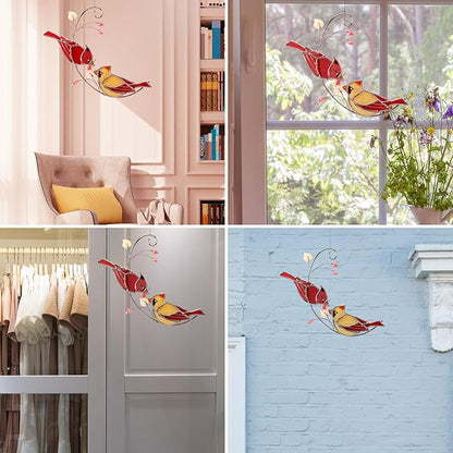 Handmade Cardinal Stained Glass Suncatchers Window Hanging Ornament for Christmas,Memorial Gifts for Women,Red Birds Sun Catcher Decora,Bird Lover Gifts,Real Glass Unique Design