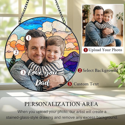 Personalized Stained Glass Windows Hanging, Dad Picture Suncatcher Ornament, Custom Photo Gift, Birthday Father Grandpa Gifts