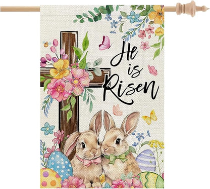 CROWNED BEAUTY Easter House Flag Cross Bunny 28x40 Inch Double Sided Large Holiday Welcome Decoration for Outside Yard