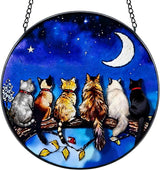 7.8 in Stained Glass Window Hanging, 6 Cats and Moon Suncatcher for Home Decor, Handmade Decorative Ornament Boho Wall Art Ideal Gift for Mom Grandma Cat Lovers Housewarming