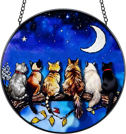 7.8 in Stained Glass Window Hanging, 6 Cats and Moon Suncatcher for Home Decor, Handmade Decorative Ornament Boho Wall Art Ideal Gift for Mom Grandma Cat Lovers Housewarming