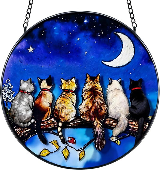 7.8 in Stained Glass Window Hanging, 6 Cats and Moon Suncatcher for Home Decor, Handmade Decorative Ornament Boho Wall Art Ideal Gift for Mom Grandma Cat Lovers Housewarming