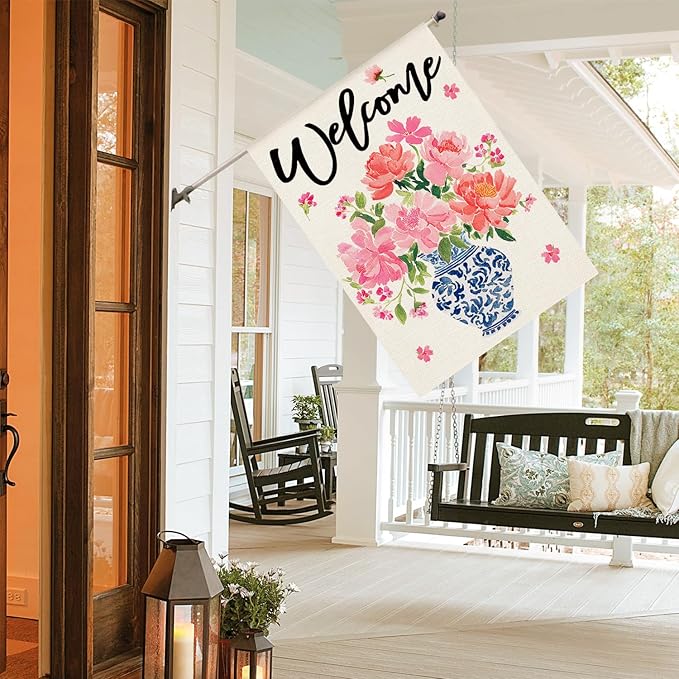 AVOIN colorlife Pink Peony Spring Floral House Flag 28x40 Inch Double Sided Outside, Blue and White Chinoiserie Seasonal Welcome Yard Outdoor Flag