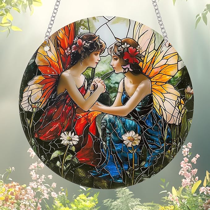 Butterfly Girl Fairy Suncatcher Acrylic Flower Fairy Window Hanging Stained Sun Catchers Indoor Window Decor with Chain Home Garden Decoration 7.8 inch YKA188 (B)