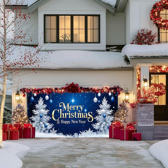 IVN Christmas Garage Door Cover Decoration 13x6ft Blue Night Sky White Trees Gold Lettering Ornaments Merry Christmas Winter Garage Door Banner Home Door Front Yard Decor for Xmas Eve Holiday Outdoor