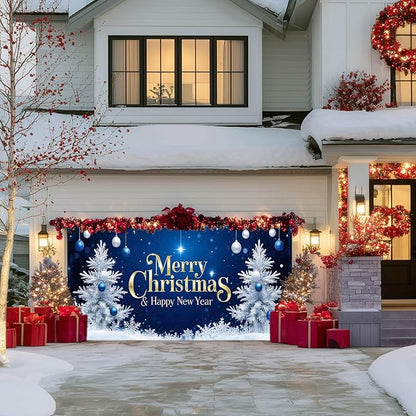 IVN Christmas Garage Door Cover Decoration 13x6ft Blue Night Sky White Trees Gold Lettering Ornaments Merry Christmas Winter Garage Door Banner Home Door Front Yard Decor for Xmas Eve Holiday Outdoor