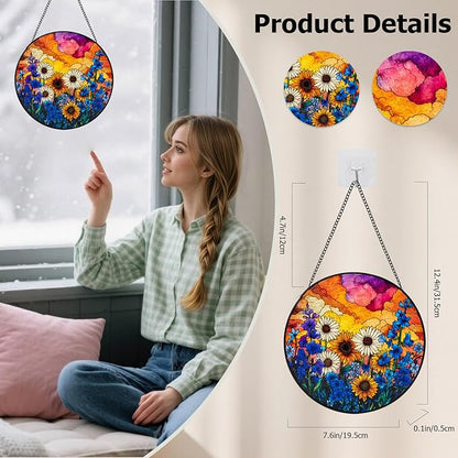 Stained Glass Window Hanging, Daisy Suncatcher for Doors Home Sun Catchers Decoration, Mother's Day Birthday Gifts for Women, Men, and Mom (Wildflowers)