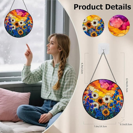 Stained Glass Window Hanging, Daisy Suncatcher for Doors Home Sun Catchers Decoration, Mother's Day Birthday Gifts for Women, Men, and Mom (Wildflowers)