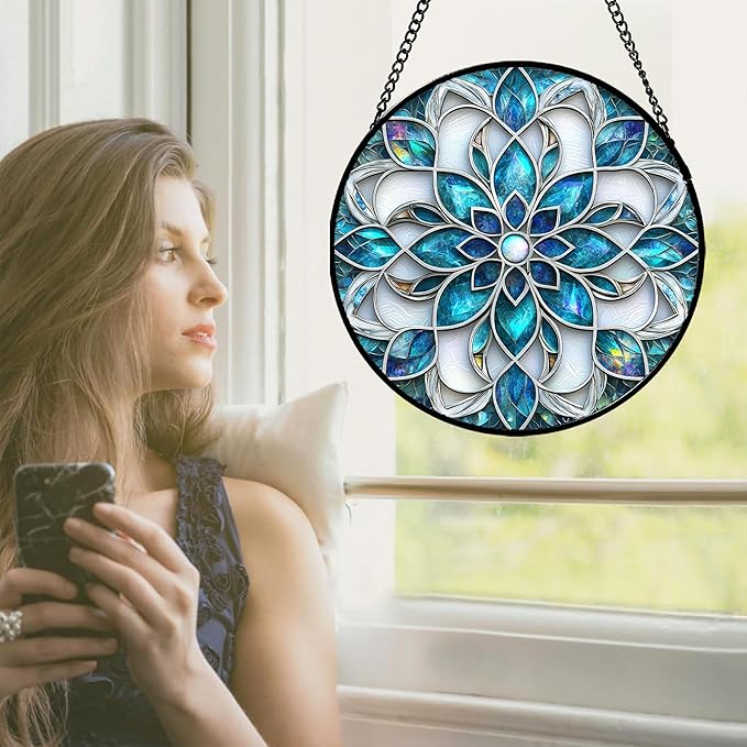 Stained Glass Window Hanging - Blue White Abstract Flowers Suncatcher for Door Terrace Garden Home Decor Boho Sun Catcher Birthday Gifts for Lovers Women Men Dad Mom Nana 15 in