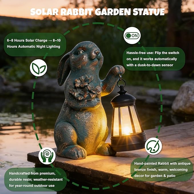 Solar Garden Statues, Resin Bunny Statue w/Flower, Waterproof Figurine Rabbit Solar Latern for Outside Yard Outdoor Home Patio Lawn, Animal Lights for Adults Women Birthday Easter Gifts