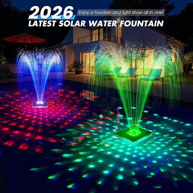 Upgraded Solar Pool Fountain with Lights,9.5'' Large Solar Floating Pool Fountain with Anchor, Above Ground Pool Water Fountains Pump,Swimming Pool Fountains for Inground Pool Blue-1PC