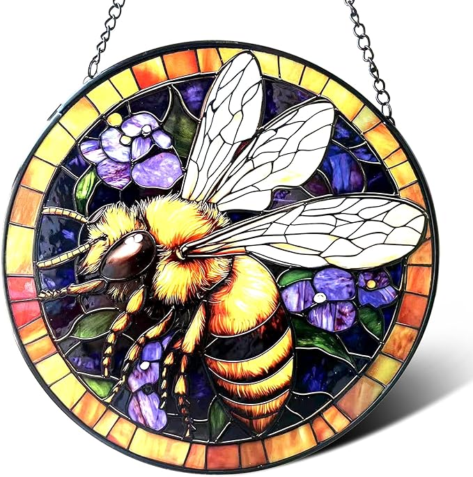 Handcrafted Bee Stained Glass Suncatcher - 7.8 Inch Window Hanging for Home, Kitchen, Porch, Terrace, Garden & Farmhouse - Perfect Mother's Day, Easter & Birthday Gift for Mom & Teachers