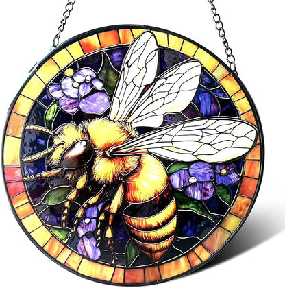 Handcrafted Bee Stained Glass Suncatcher - 7.8 Inch Window Hanging for Home, Kitchen, Porch, Terrace, Garden & Farmhouse - Perfect Mother's Day, Easter & Birthday Gift for Mom & Teachers