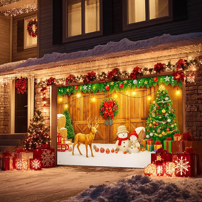 HOMETITUTE Christmas Garage Entryway Banner 13x6ft Rustic Wooden Entryway Scene with Reindeer Snowman Xmas Tree Gift Boxes Pinecones PumpkinsLights Outdoor Holiday Display Backdrop