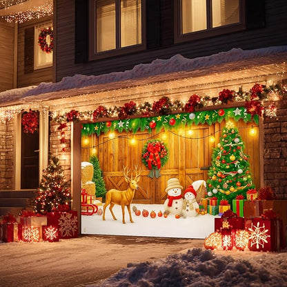 HOMETITUTE Christmas Garage Entryway Banner 13x6ft Rustic Wooden Entryway Scene with Reindeer Snowman Xmas Tree Gift Boxes Pinecones PumpkinsLights Outdoor Holiday Display Backdrop