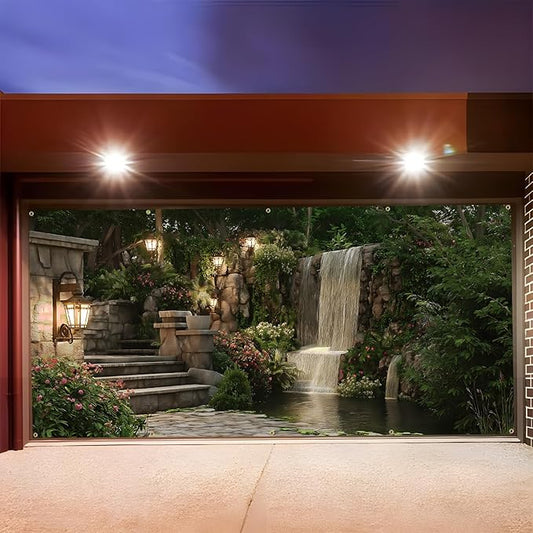 Garage door banner cover, 6x13 ft beautiful garden scene with flowers and waterfalls background, Large Outdoor Backyard Landscape Decoration (Garden Waterfall)