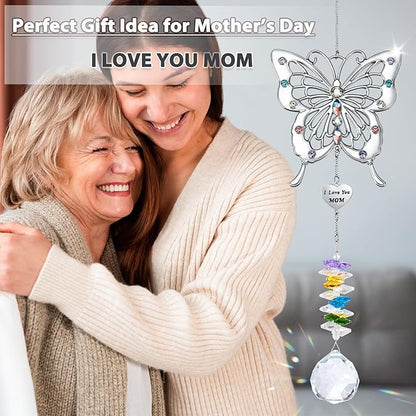 VIVIKEN Butterfly Suncatcher with The Tag of I Love You Mom Mother’s Day Butterfly Rainbow Maker Window Decor Wind Chime Crystal Ball Ornament Sun Catcher Gifts to Mom for Birthday Christmas