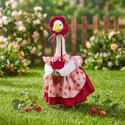 Abbylike Spring Porch Goose Outfit Strawberry Porch Goose Skirt Costume Clothes Fits Large 23'' Cement Statue for Summer Garden Outdoor Yard Lawn Patio Decorations