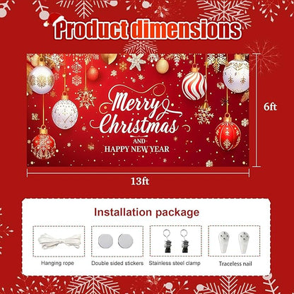 HOMETITUTE 13x6ft Christmas Garage Door Cover Merry Christmas and Happy New Year Backdrop Holiday Party Decorations Indoor Outdoor Wall Background Decor Festive Red Gold Ornament Scene Display