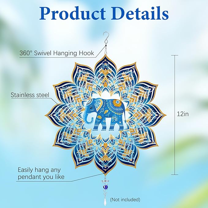 Wazzio Elephant Wind Spinners Outdoor, Elephant Gifts for Women Men Wife Mom Dad Husband, Hanging Wind Spinners for Christmas Thanksgiving, 12'' Outdoor Indoor Hanging Ornament for Garden Porch Lawn