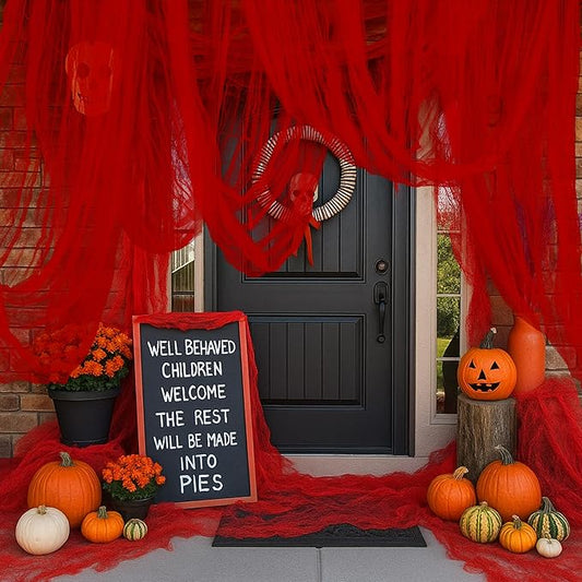 RunNico 400'' x 85'' Halloween Blood Red Scary Gauze, Bloody Haunted House Creepy Cloth, Spooky Fabric Hanging Decoration for Horror Themed Nightmare Party Wall Yard Doorway Porch Decor