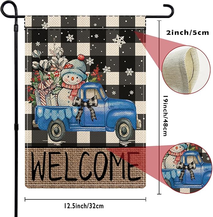 Rustic Truck Buffalo Plaid Garden Flags for Outside Set of 12, Welcome Seasonal Garden Flags 12x18 Double Sided, Car Holiday Lawn Flags, Winter Spring Outside Decorations for Yard