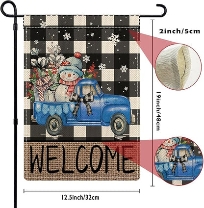 Rustic Truck Buffalo Plaid Garden Flags for Outside Set of 12, Welcome Seasonal Garden Flags 12x18 Double Sided, Car Holiday Lawn Flags, Winter Spring Outside Decorations for Yard