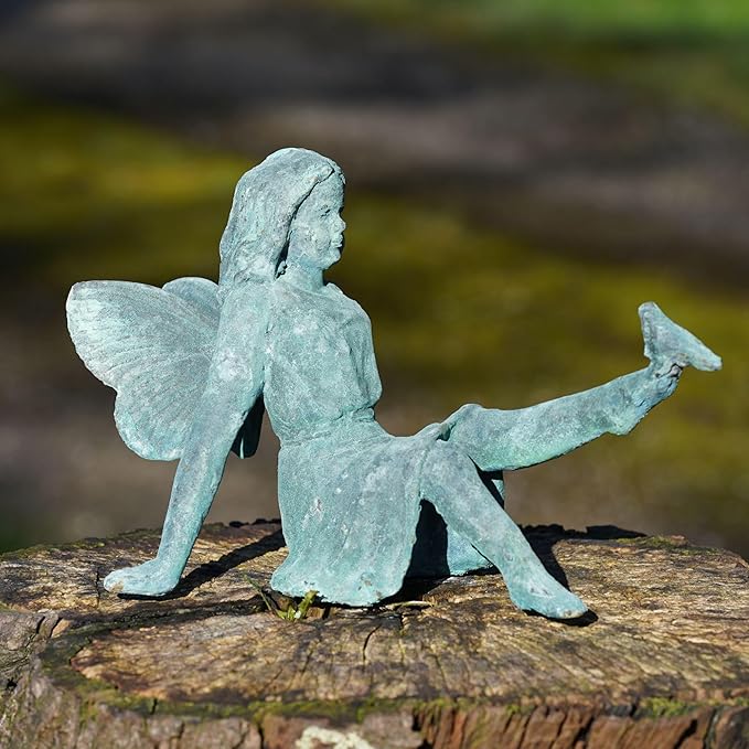 Cast Iron Fairy Statue | Cherub Antique Verdigris Home Garden Ornament Sculpture
