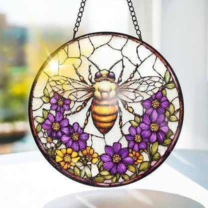 Bimkole Bee Stained Glass Suncatcher Window Hanging - Flowers Design for Indoor Window or Doorway Decoration - 7.87x7.87 inch with Chain and Hook - Unique Home Decor Gift