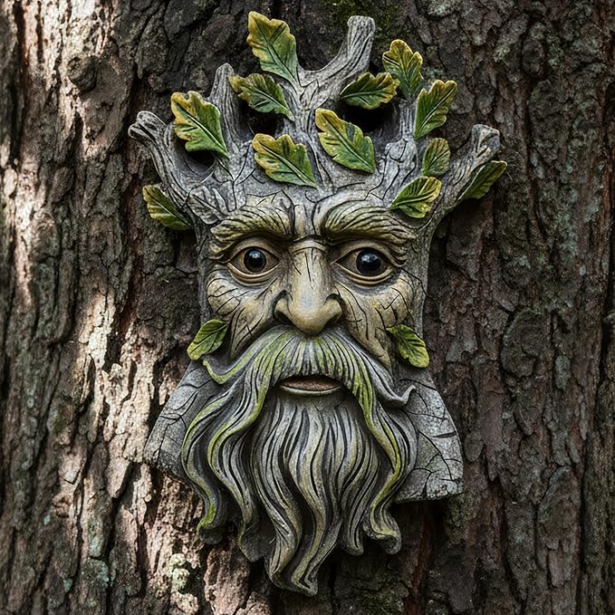 Old Man Tree Face Hugger Outdoor Decor, Handmade Tree Art Resin Statue with Leaf & Root Details, Whimsical Hanging Yard Art for Garden Wall Fence