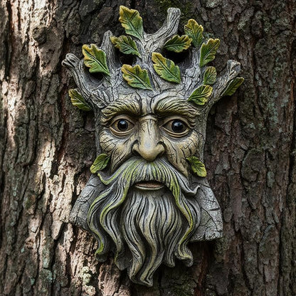 Old Man Tree Face Hugger Outdoor Decor, Handmade Tree Art Resin Statue with Leaf & Root Details, Whimsical Hanging Yard Art for Garden Wall Fence