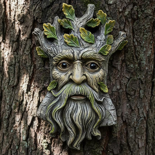 Old Man Tree Face Hugger Outdoor Decor, Handmade Tree Art Resin Statue with Leaf & Root Details, Whimsical Hanging Yard Art for Garden Wall Fence