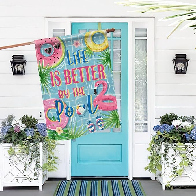 Dyrenson Summer Life is Better by The Pool 28 x 40 House Flag Double Sided, Flamingo Swim Rings Tropical Palm Leaves Garden Yard Decoration, Flip Flops Ball Outdoor Décor Decorative Large Flag