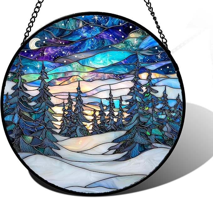 DASTOLL Stained Glass Window Hanging, Starry Sky Trees and Snow Sun Catchers Glass Panel Blue Suncatcher Decor for Birthday for Women, Men, Wife, Aunt, and Mom 7.8 in