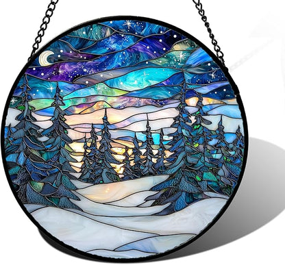 DASTOLL Stained Glass Window Hanging, Starry Sky Trees and Snow Sun Catchers Glass Panel Blue Suncatcher Decor for Birthday for Women, Men, Wife, Aunt, and Mom 9.8 in