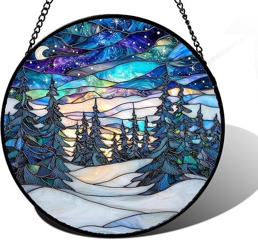 DASTOLL Stained Glass Window Hanging, Starry Sky Trees and Snow Sun Catchers Glass Panel Blue Suncatcher Decor for Birthday for Women, Men, Wife, Aunt, and Mom 9.8 in