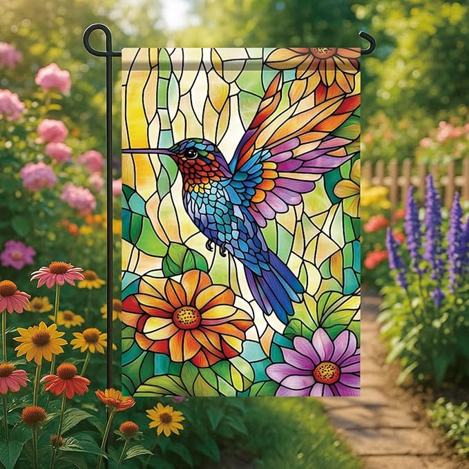 Spring Summer Garden Flag 12x18 Inch Colorful Hummingbird Stained Glass Floral Art Design Outdoor Yard Porch Lawn Garden for Seasonal Farmhouse Boho Home Decor