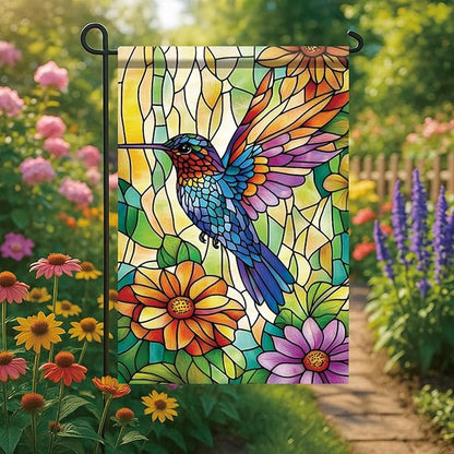 Spring Summer Garden Flag 12x18 Inch Colorful Hummingbird Stained Glass Floral Art Design Outdoor Yard Porch Lawn Garden for Seasonal Farmhouse Boho Home Decor